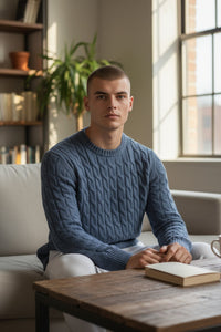 BUTTON DOWN CABLE CREW SWEATER - DENIM