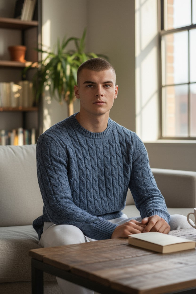 BUTTON DOWN CABLE CREW SWEATER - DENIM