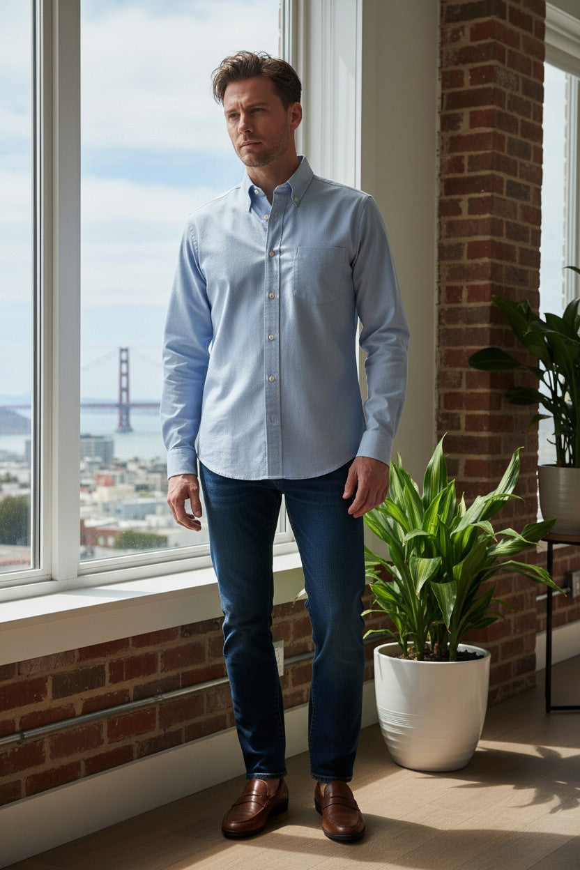 BUTTON DOWN SPORT SHIRT - SOLID MID BLUE PIQUE