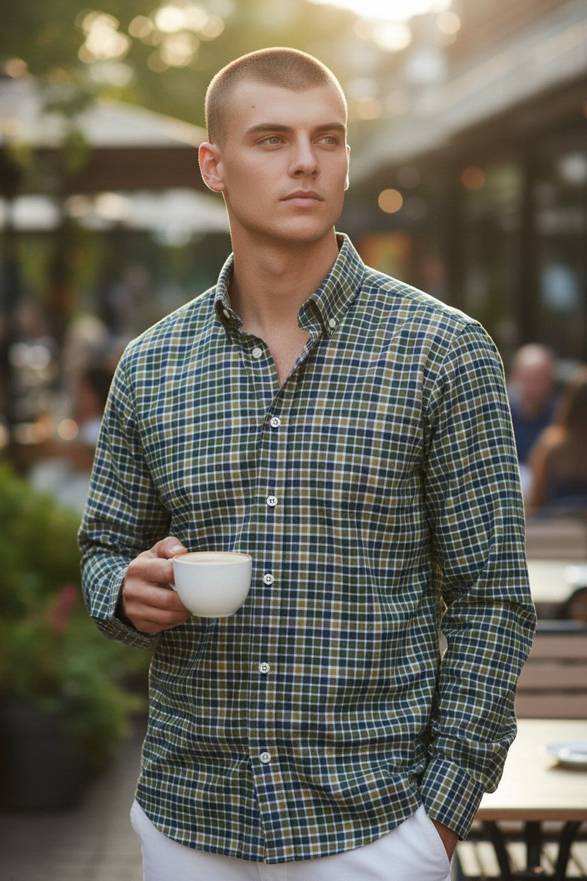 SCOTT BARBER PREP TWILL CHECK MEN’S SHIRT - HUNTER