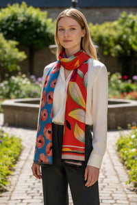 FRANCO FERRARI DOUBLE-SIDED SILK RECTANGULAR SCARF - RED TROPICAL BIRD