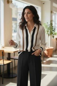 PUROTATTO TRIMMED BLOUSE - BROWN & BLACK