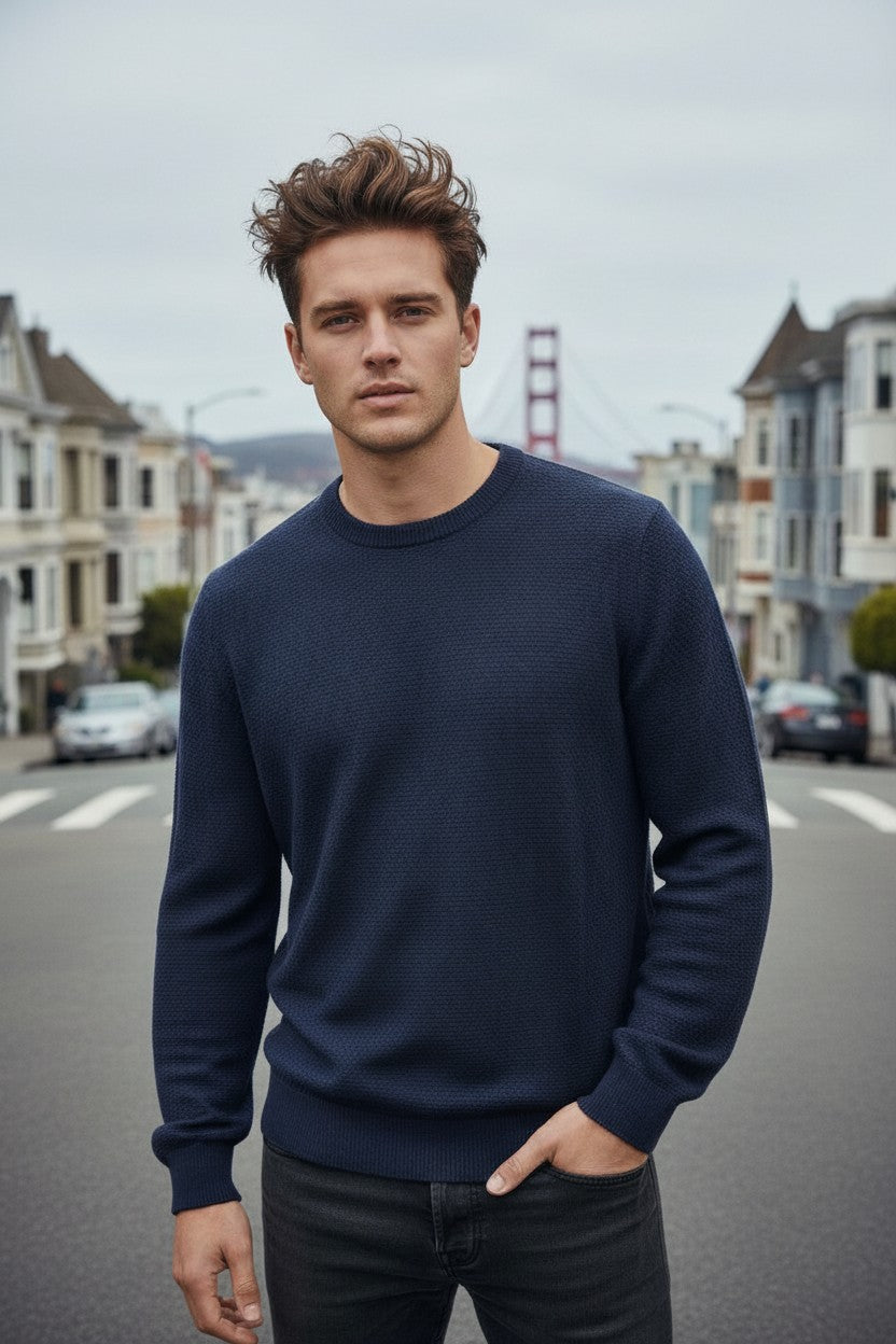 BUTTON DOWN WAFFLE WEAVE CREW SWEATER - NAVY