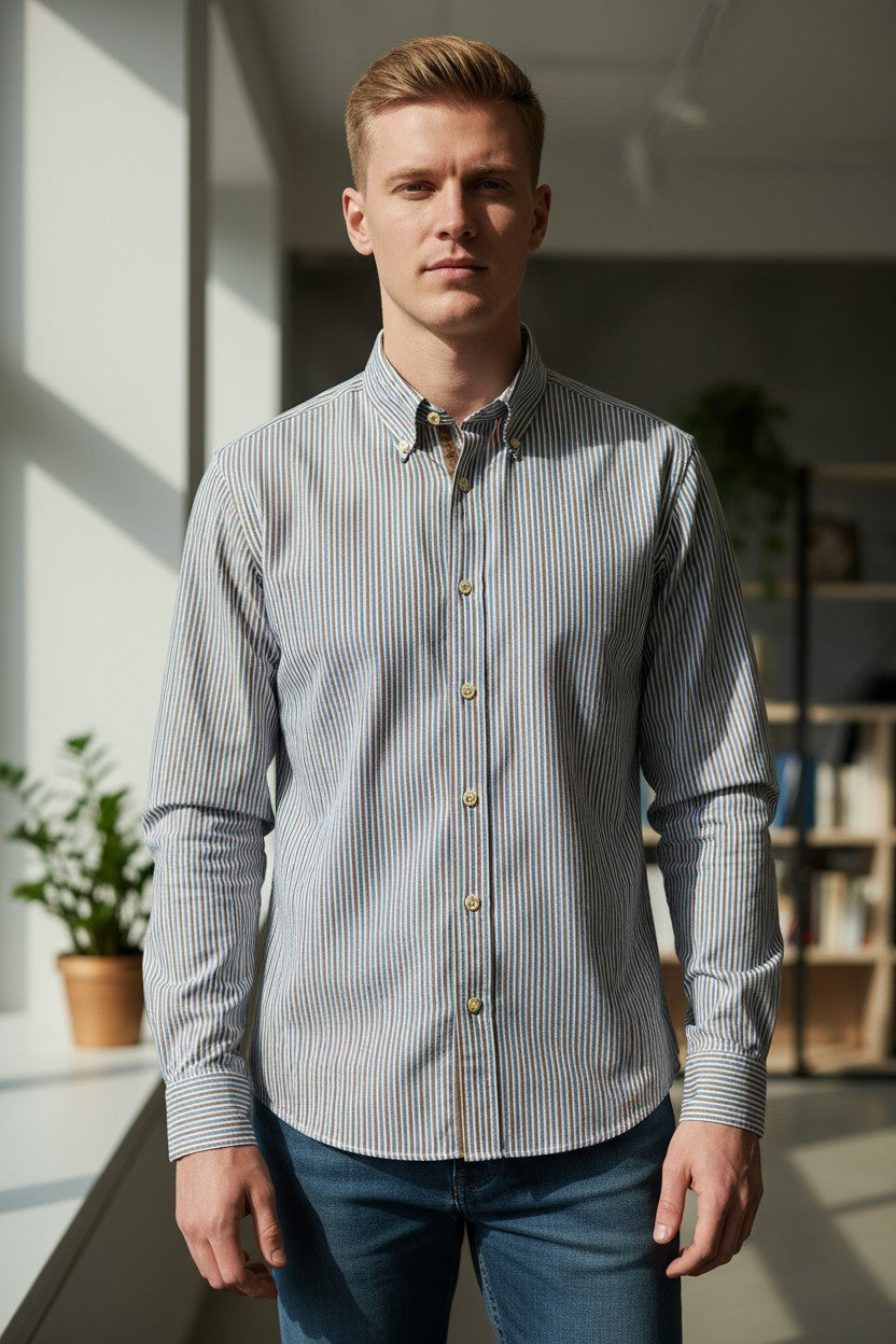 GMF 965 MEN'S SPORT SHIRT - TAN/DENIM STRIPE