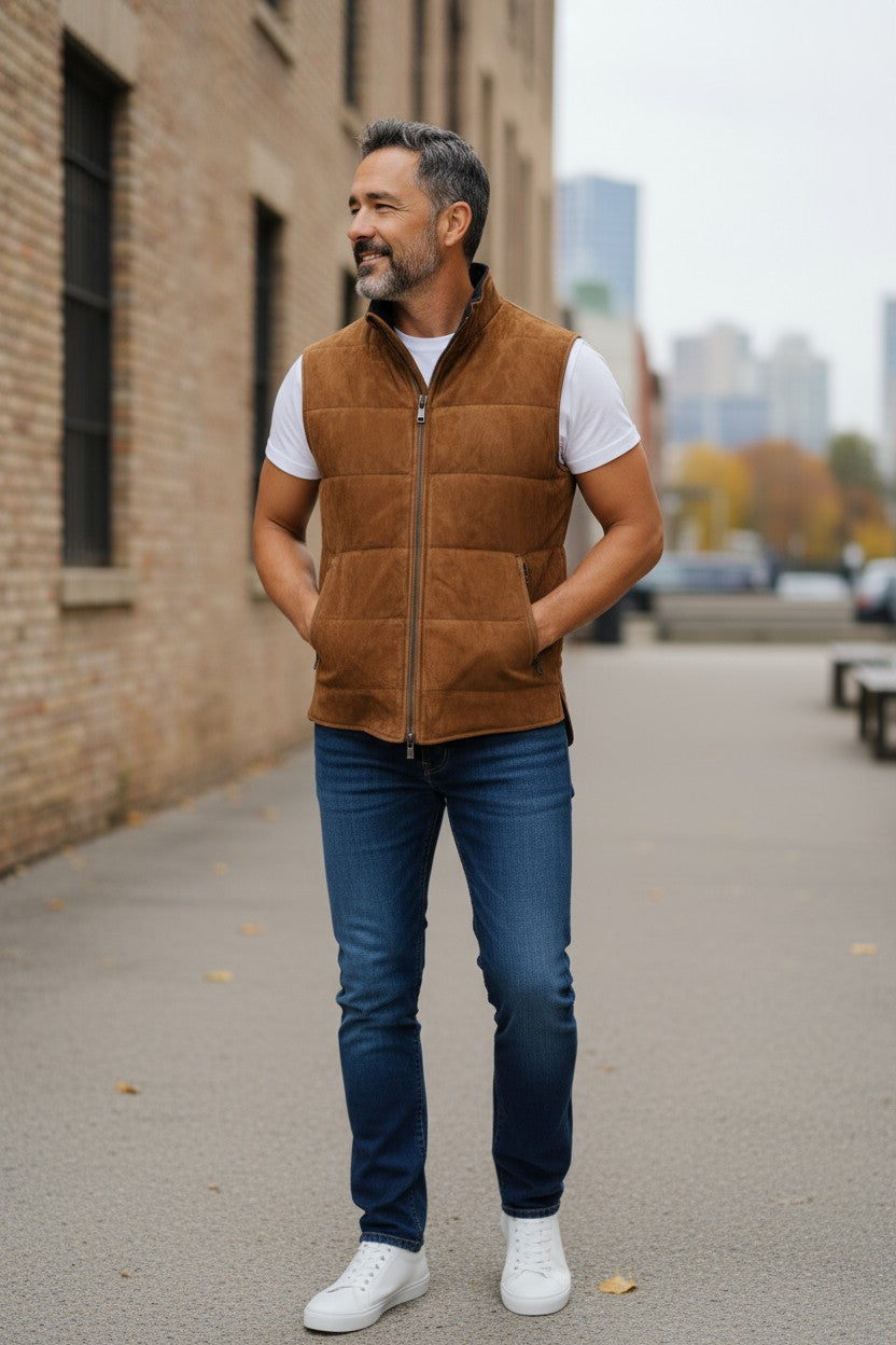 DEL VECCHIO MEN'S SUEDE & CASHMERE REVERSIBLE VEST - CHESTNUT/NAVY