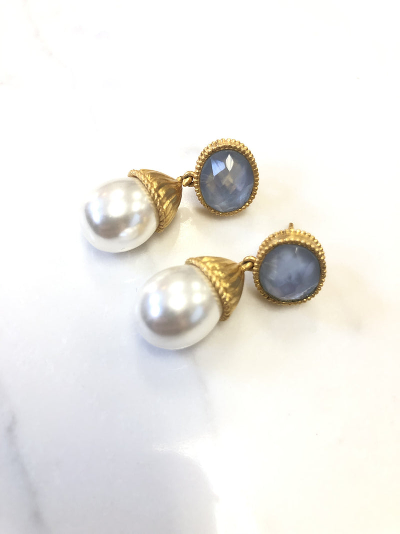 JULIE VOS PEARL AND IRIDESCENT BLUE DROP EARRINGS