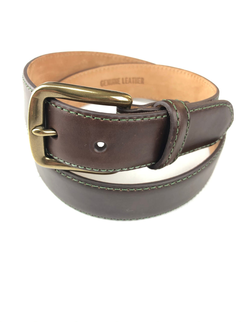 W.KLEINGBERG HORWEEN CHROMEXCEL BELT - CHOCOLATE WITH FOREST GREEN STITCHING