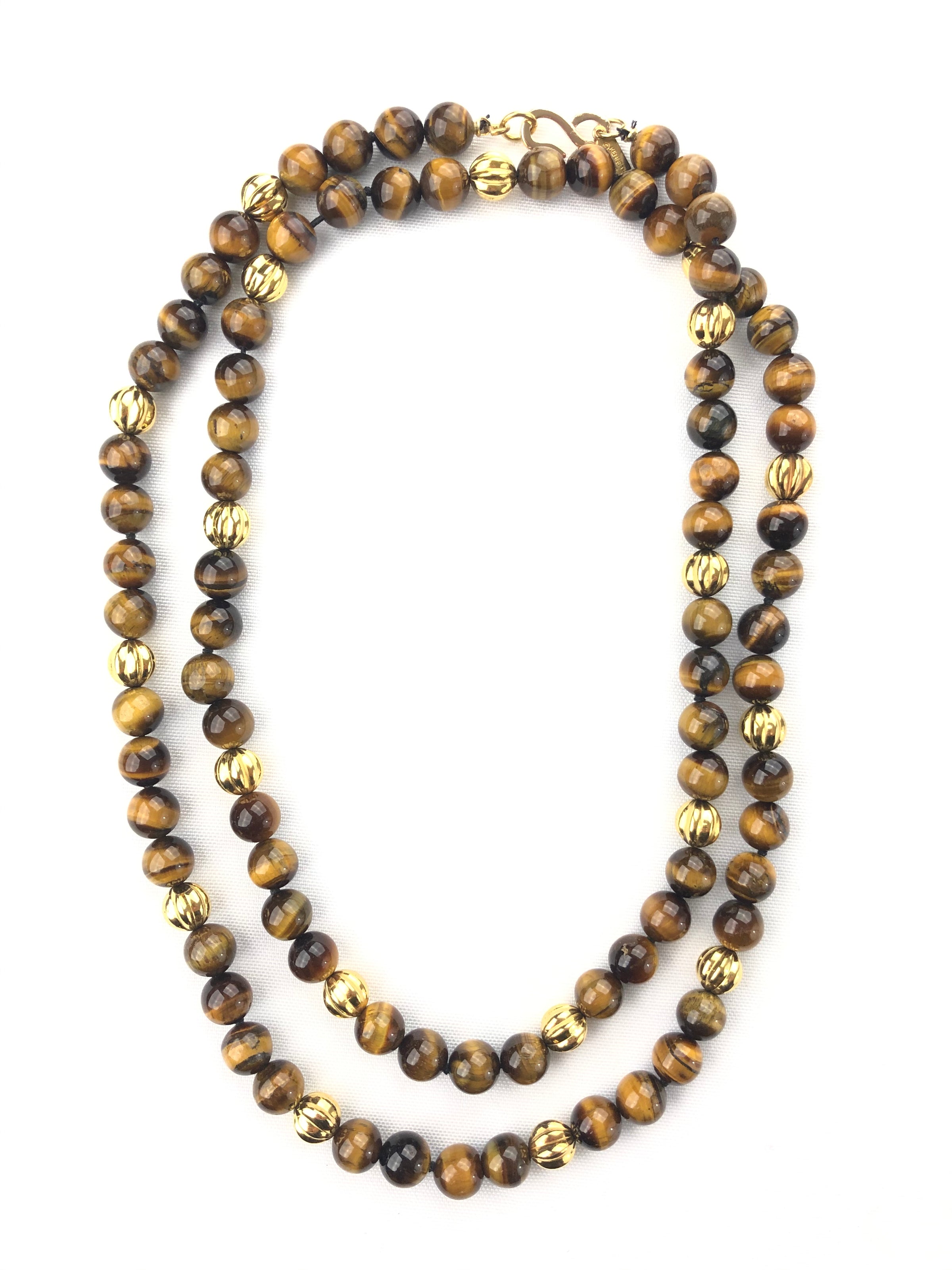 BUTTON DOWN TIGER EYE AND GOLD BEAD NECKLACE