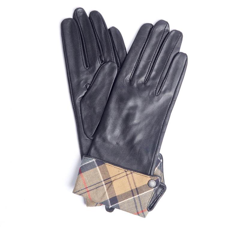 BARBOUR LADY JANE LEATHER WOMEN'S GLOVES - BLACK/DRESS TARTAN Button Down SF BARBOUR LADY JANE LEATHER WOMEN'S GLOVES - BLACK/DRESS TARTAN Button Down SF