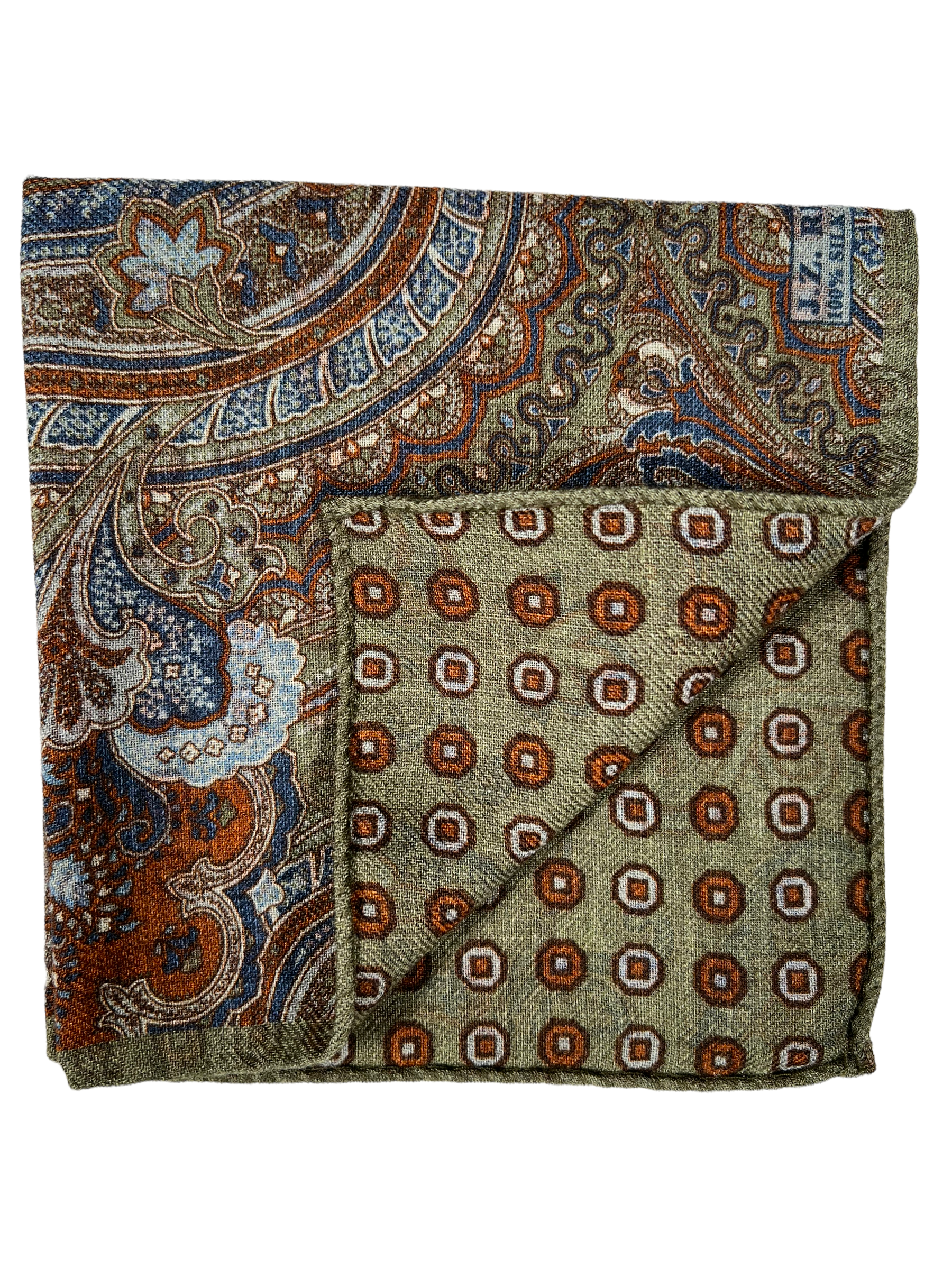 JZ RICHARDS DOUBLE PRINTED WOOL PAISLEY POCKET SQUARE - OLIVE