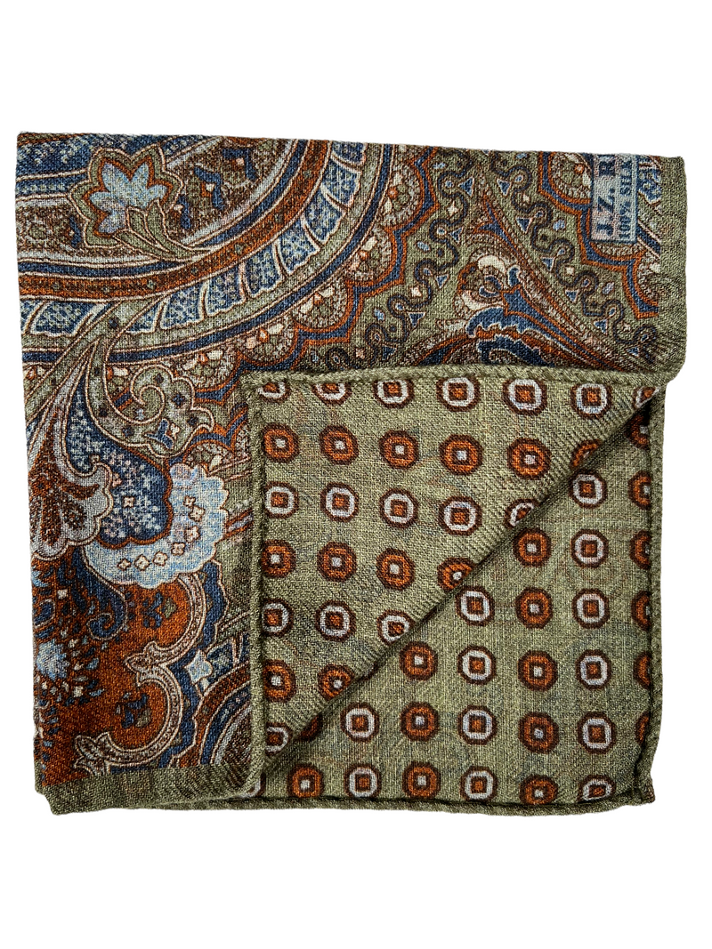 JZ RICHARDS DOUBLE PRINTED WOOL PAISLEY POCKET SQUARE - OLIVE