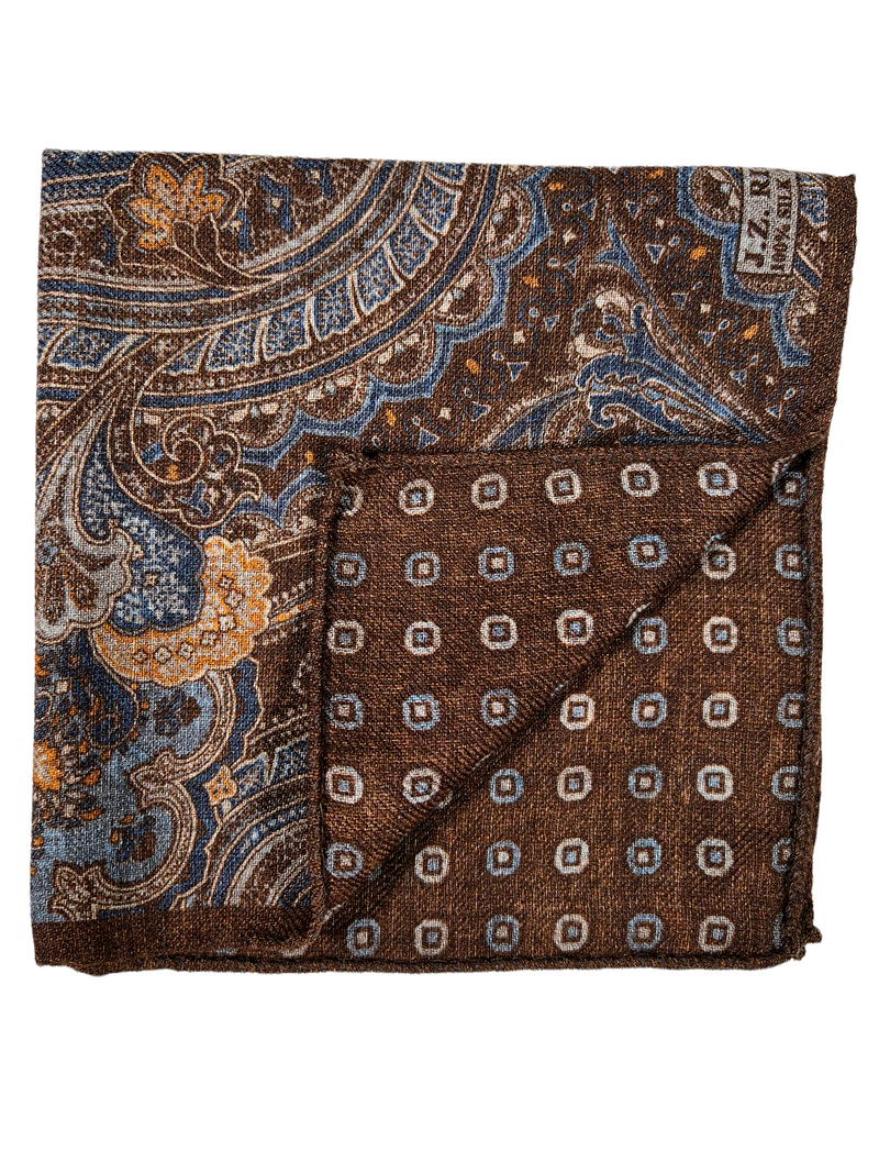 JZ RICHARDS DOUBLE PRINTED WOOL PAISLEY POCKET SQUARE - BROWN
