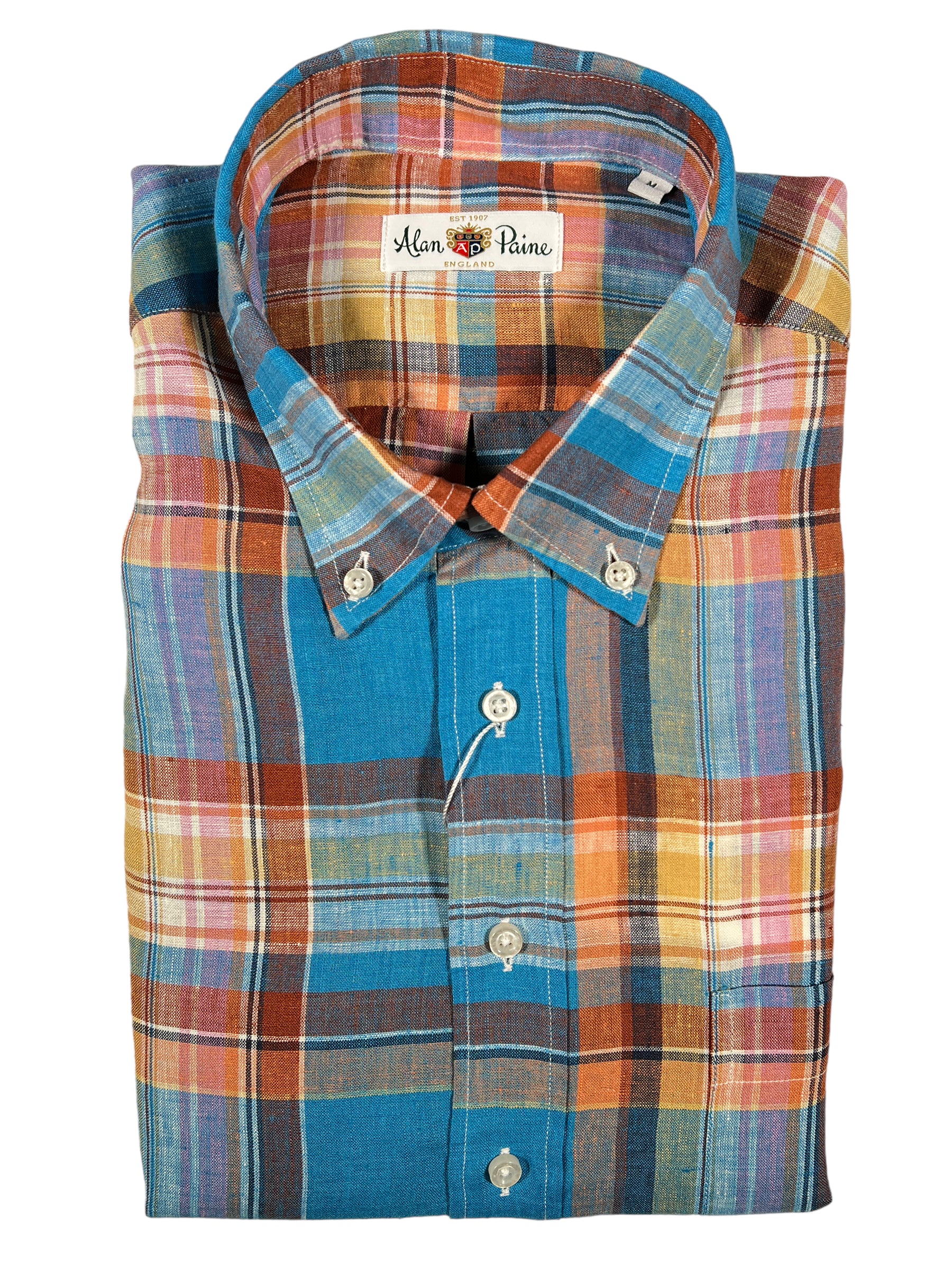 ALAN PAINE LINEN SPORT SHIRT BLUE RED PLAID