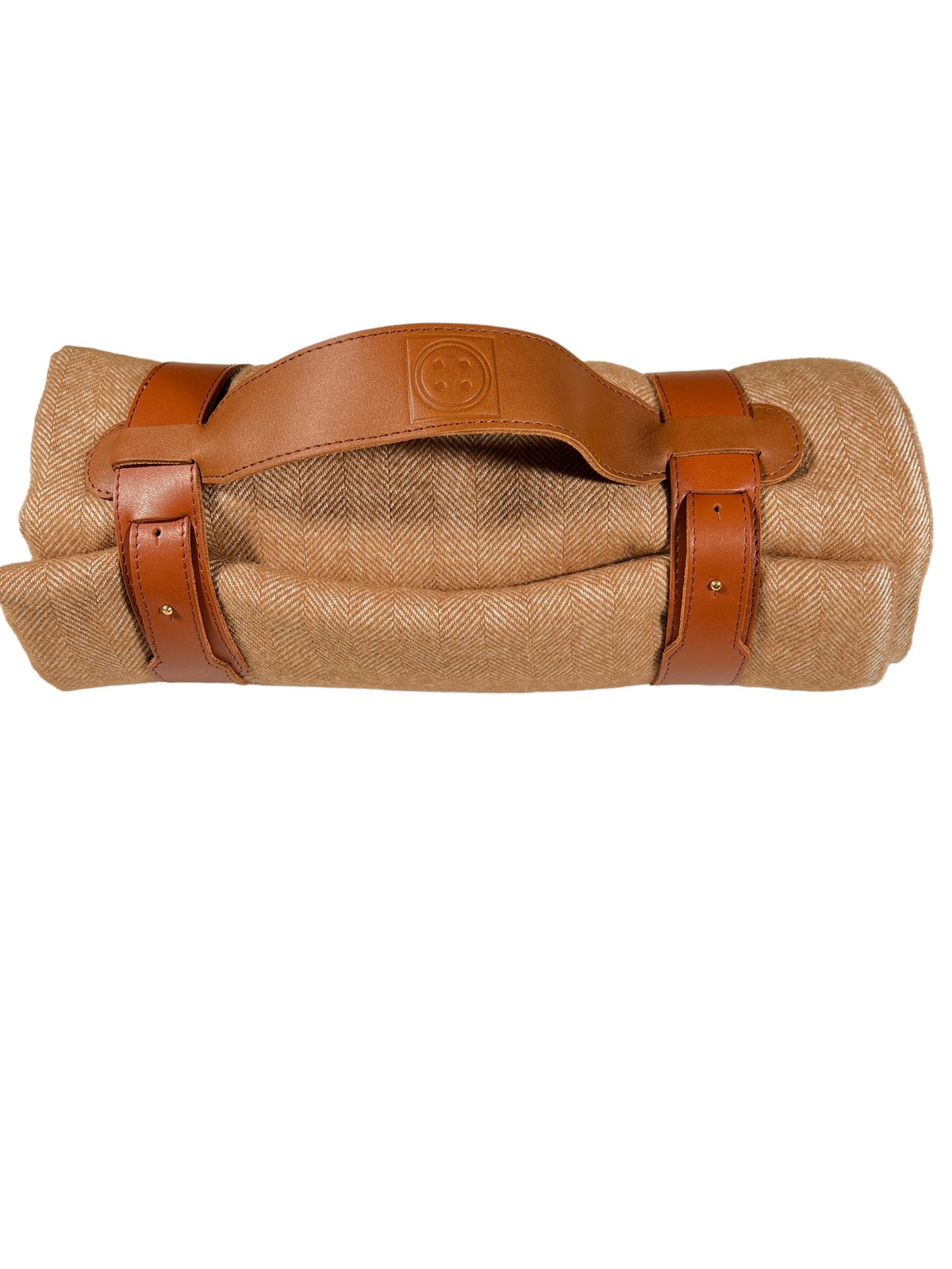 BUTTON DOWN ALPACA HERRINGBONE THROW WITH LEATHER CARRIER - CAMEL & WHITE