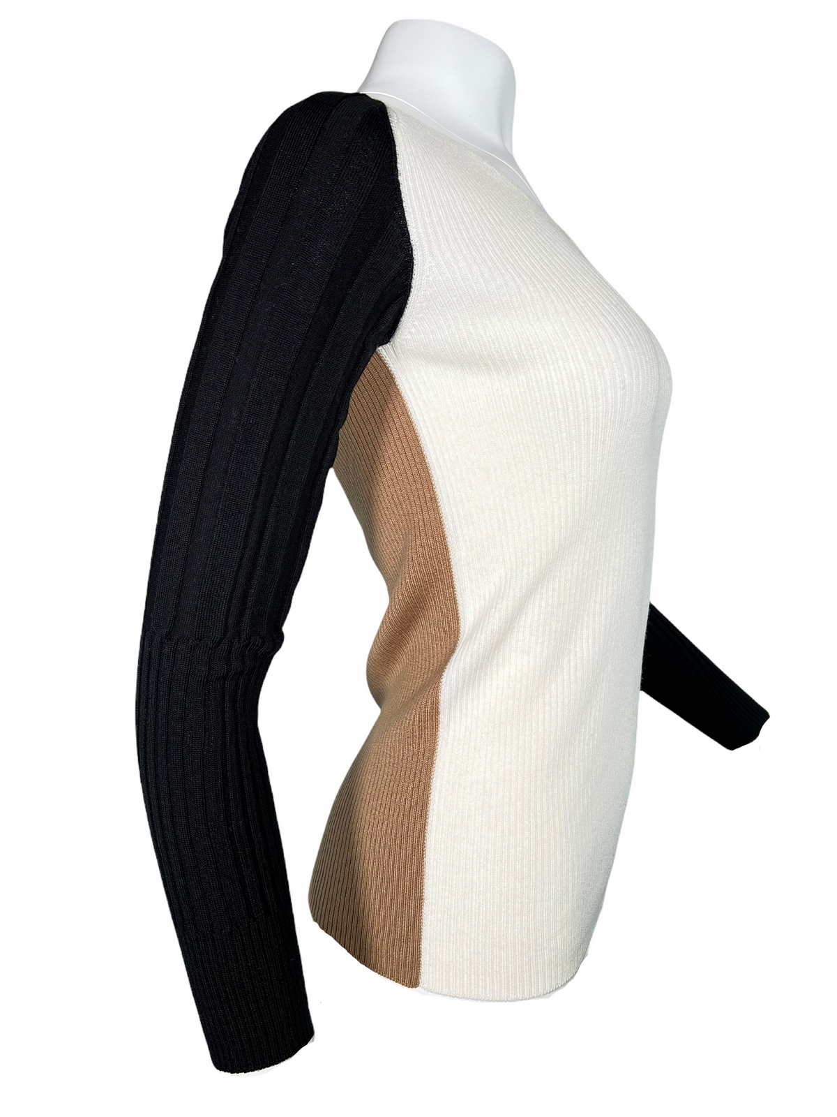 D.EXTERIOR MERINO TRI-COLOR RIBBED V-NECK SWEATER - IVORY