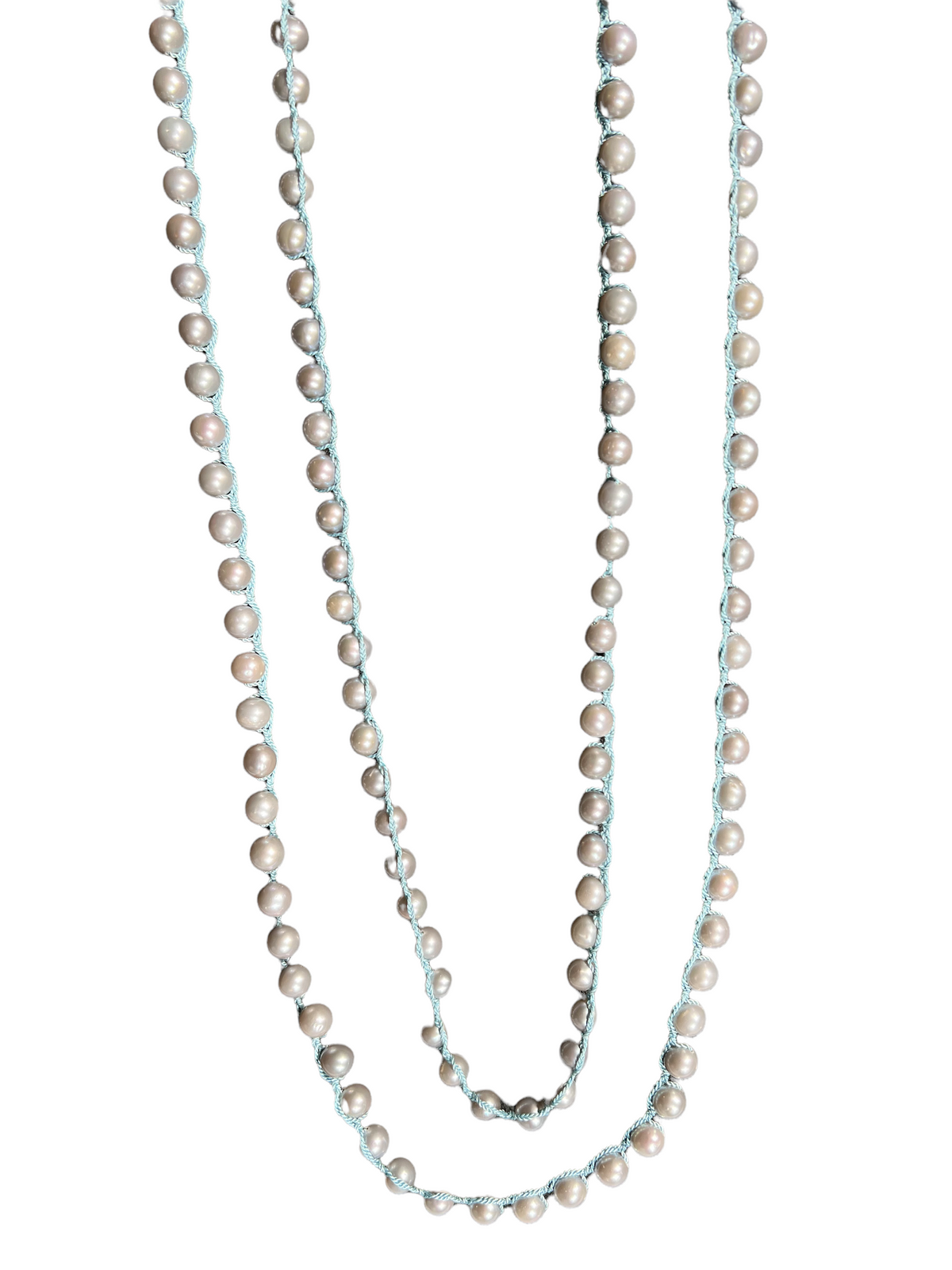 FEATHERED SOUL NECKLACE - GREY FRESHWATER PEARL ON BLUE SILK