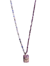 FEATHERED SOUL NECKLACE - BLUE SAPPHIRE AND AMETHYST ON BEIGE SILK