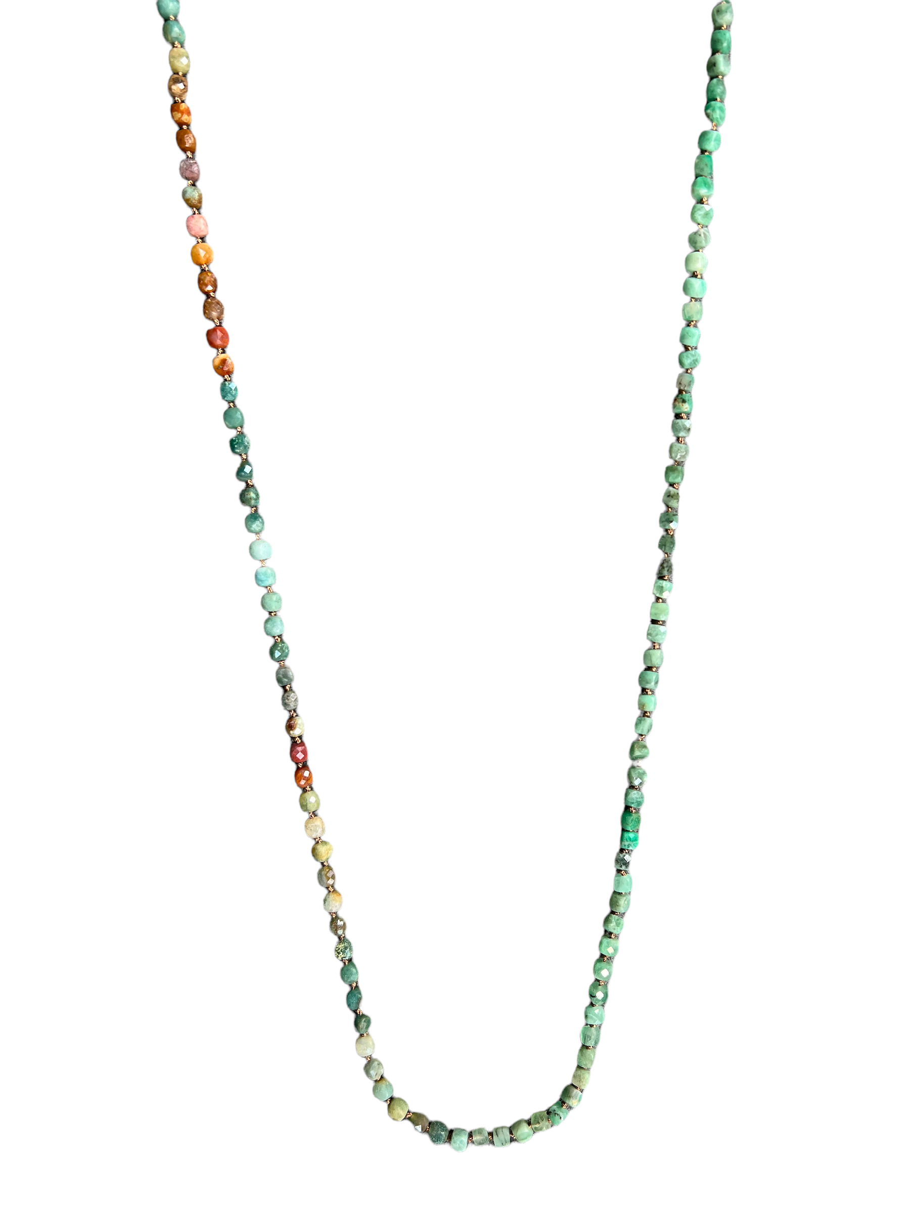 FEATHERED SOUL NECKLACE - MULTICOLORED EMERALDS ON BEIGE SILK