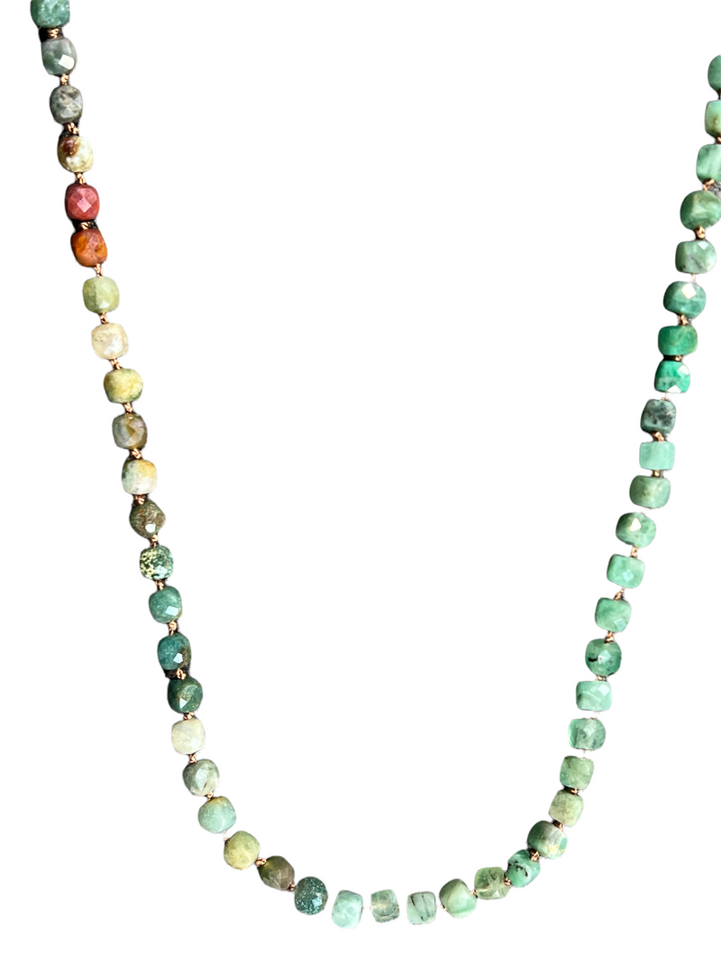 FEATHERED SOUL NECKLACE - MULTICOLORED EMERALDS ON BEIGE SILK
