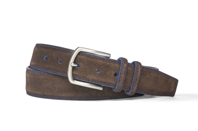 W.KLEINGBERG SUEDE BELT - CHOCOLATE WITH ROYAL BLUE DETAIL
