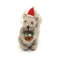 AMICA FELT GREY SQUIRREL WITH CHRISTMAS PUDDING